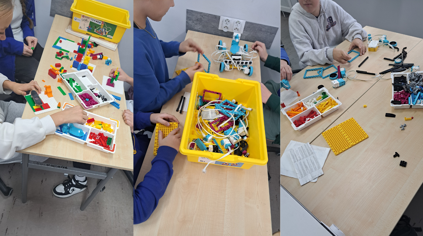 Uczniowie składają zestawy z klocków Lego