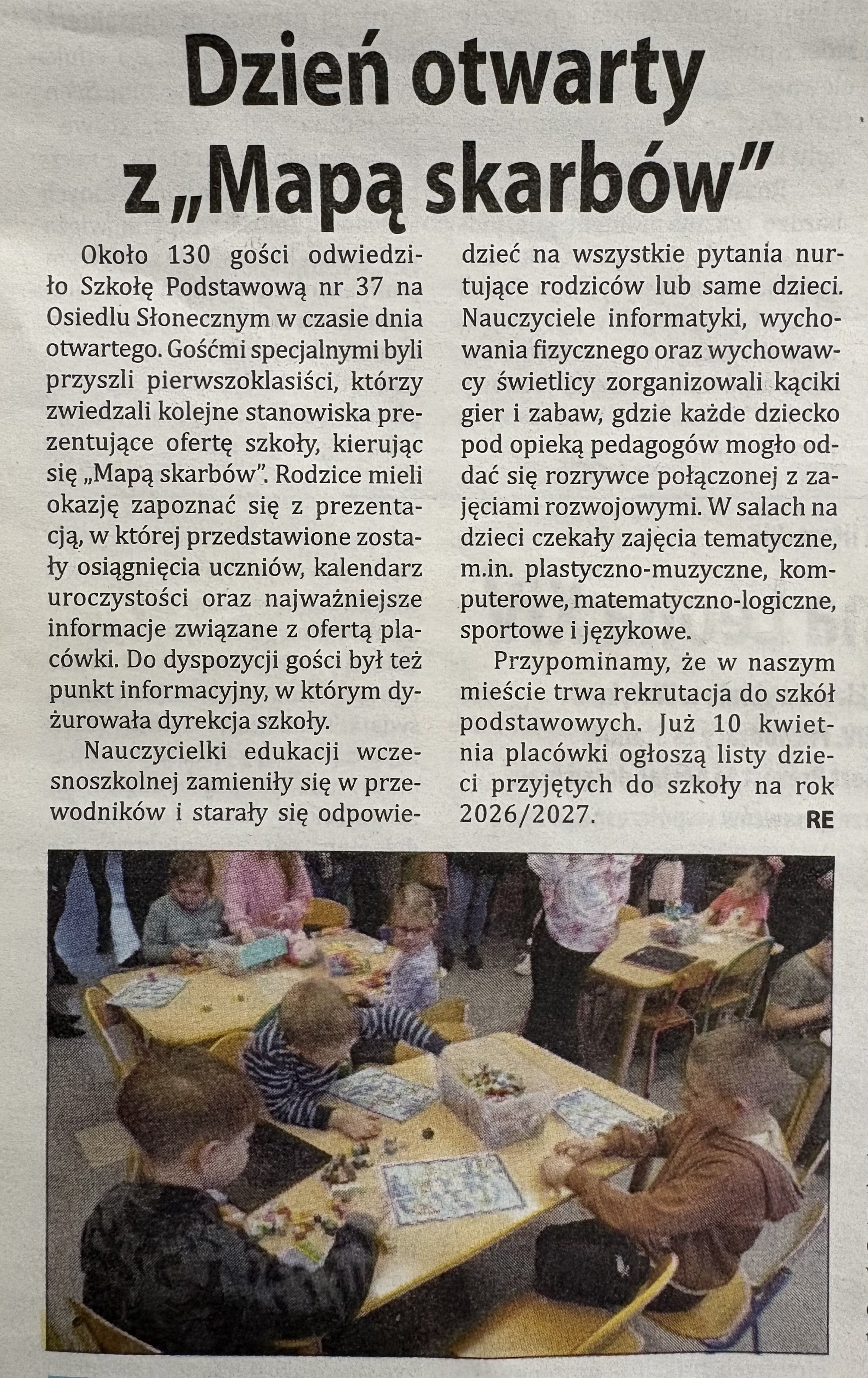 artykuł z gazety Dzień otwarty z "Mapą skarbów"